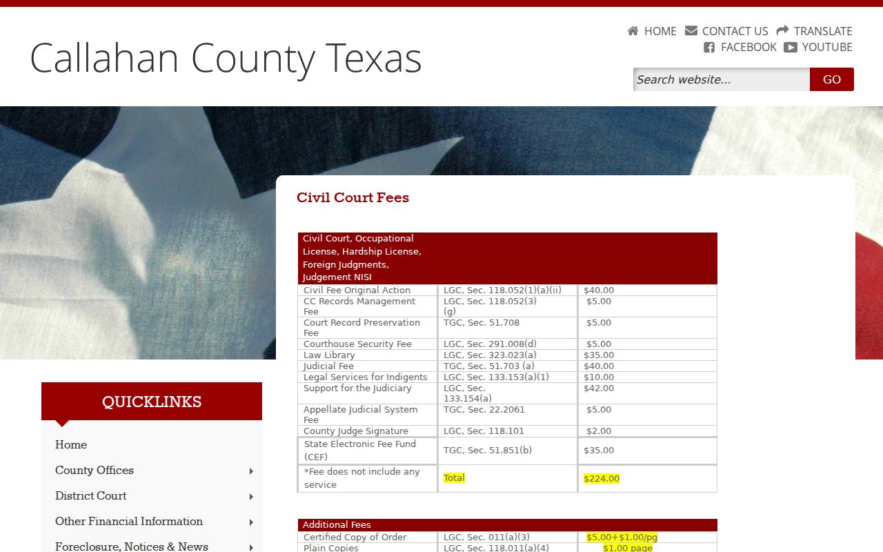 Callahan County court record copy and certification fee page