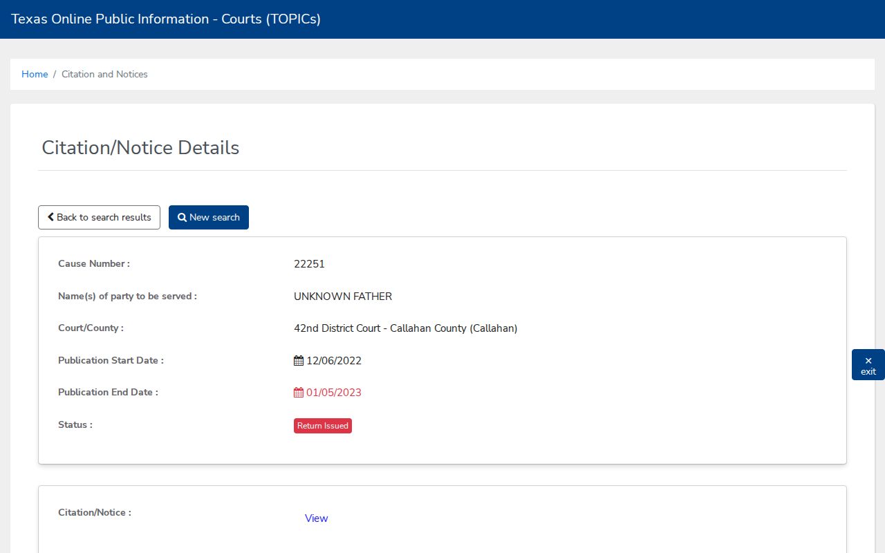Callahan County court schedule citation and notice detail fields